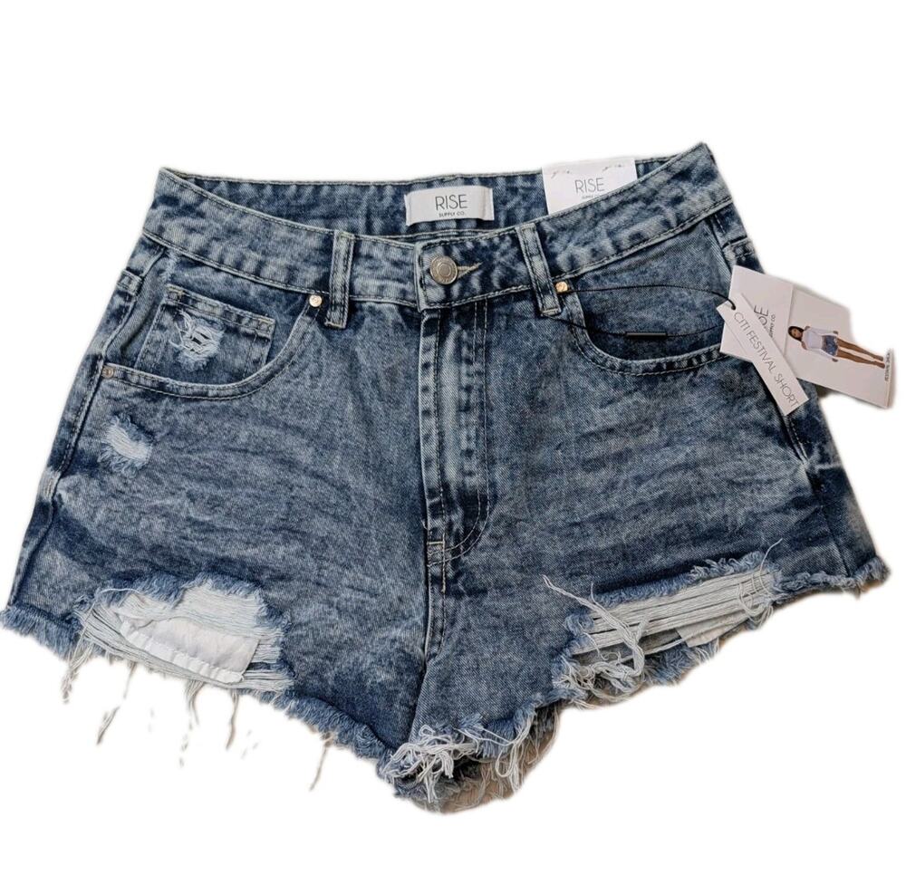 RISE Supply Festival Shorts Size 9 Dark Acid Wash Distressed Raw Hem Denim NWT
